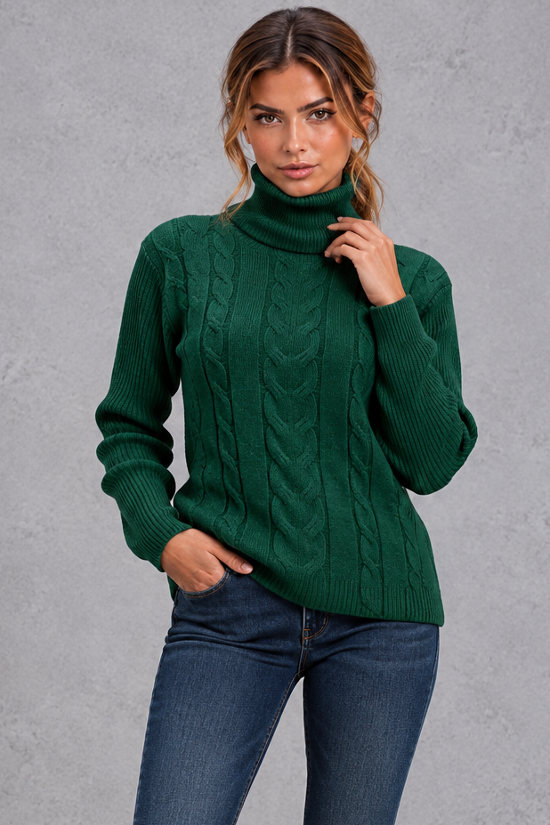 Women's cable knit roll neck jumper in Forest Green – front view