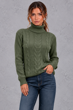 Women's cable knit roll neck jumper in Sage Green – front view