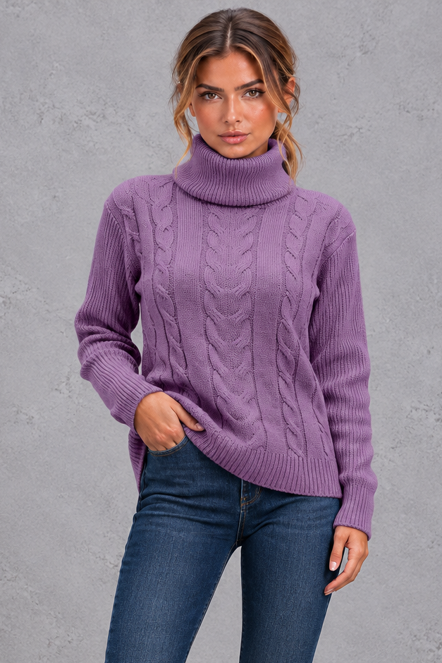 Women's cable knit roll neck jumper in Lavender – front view
