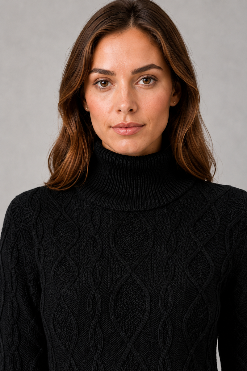 Shop this women’s cable knit roll neck mini dress with a relaxed fit, long sleeves and classic textured finish. Ideal for cosy autumn and winter wear.