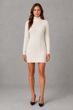 Shop this women’s cable knit roll neck mini dress with a relaxed fit, long sleeves and classic textured finish. Ideal for cosy autumn and winter wear.