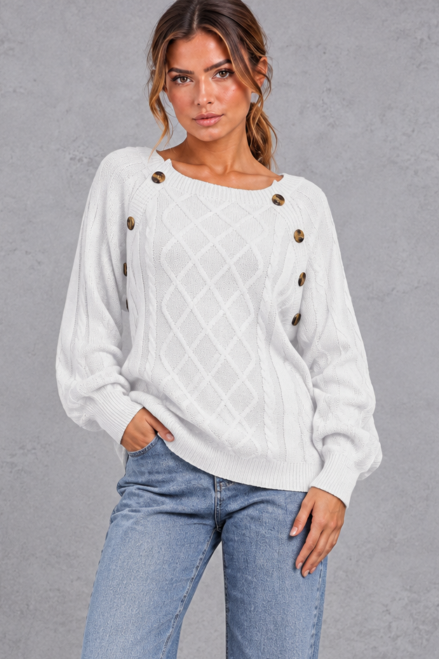 Women's white button shoulder cable knit jumper – front view