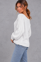 Women's white button shoulder cable knit jumper – side view