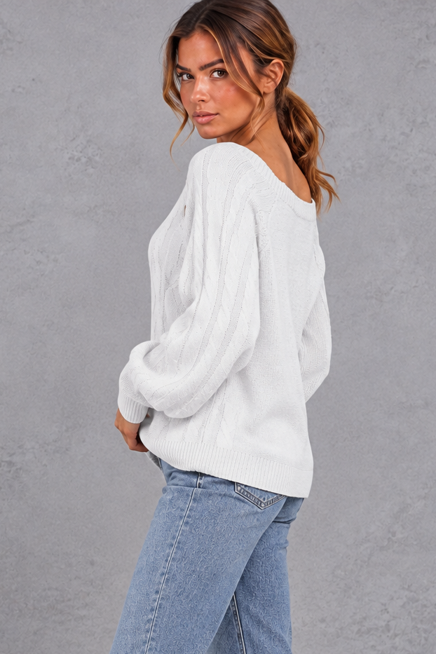 Women's white button shoulder cable knit jumper – side view