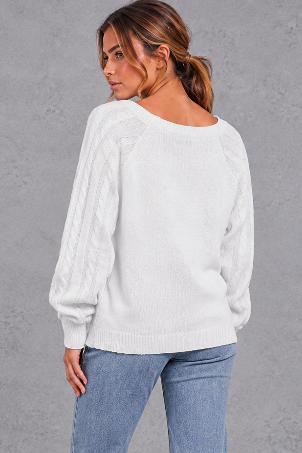 Women's white button shoulder cable knit jumper – back view