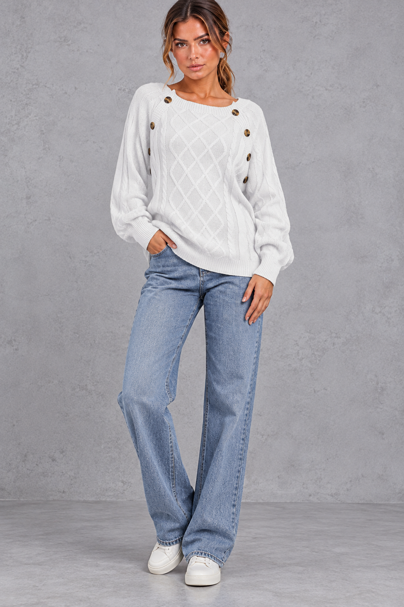 Women's white button shoulder cable knit jumper – full-length view