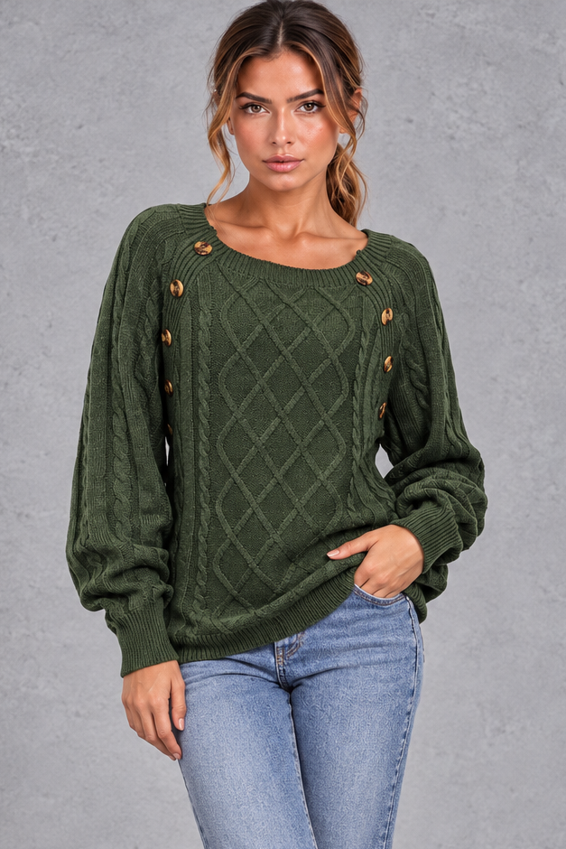 Women's army green button shoulder cable knit jumper – front view