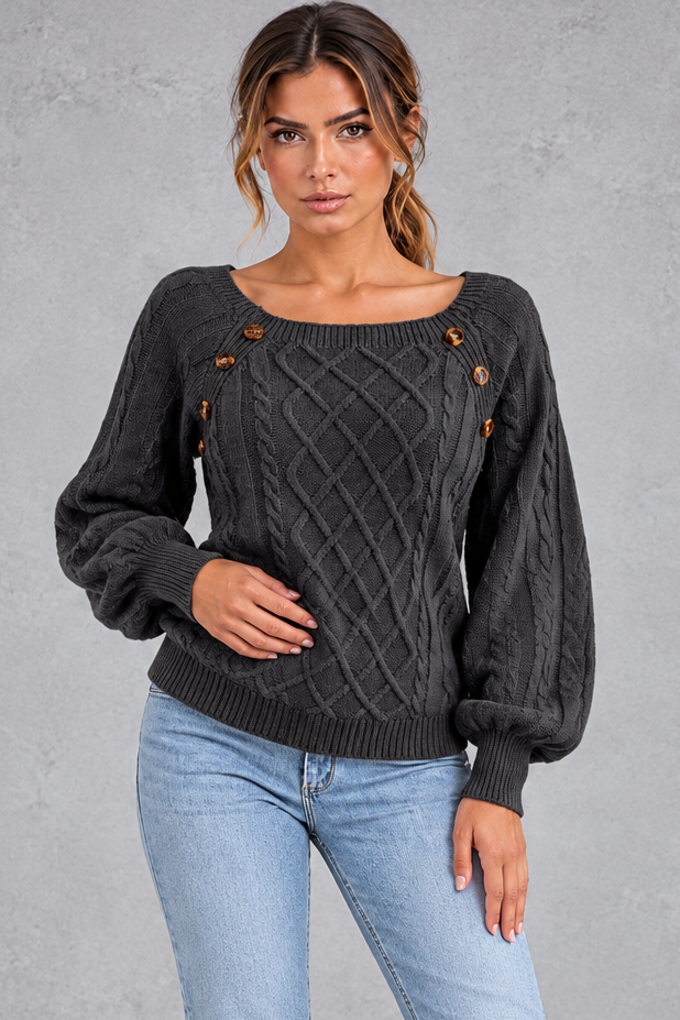 Women's charcoal button shoulder cable knit jumper – front view