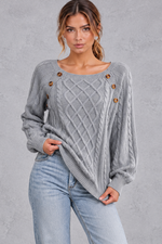 Women's grey button shoulder cable knit jumper – front view