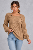 Women's khaki button shoulder cable knit jumper – front view