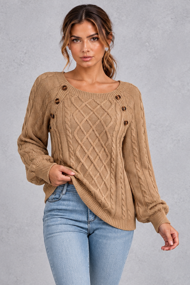 Women's khaki button shoulder cable knit jumper – front view