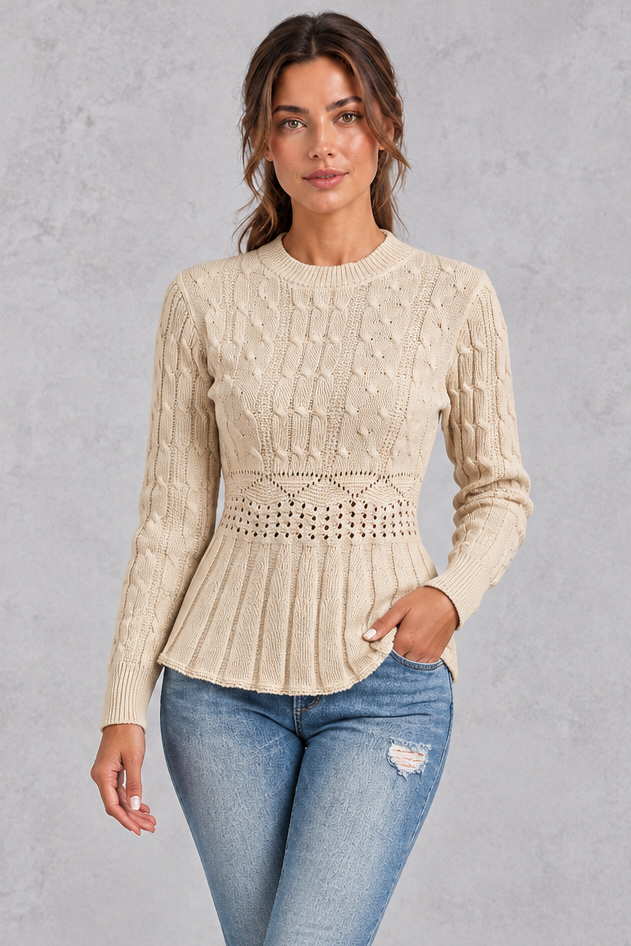 Women's beige cable knit peplum jumper – front view