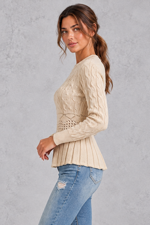 Women's beige cable knit peplum jumper – side view