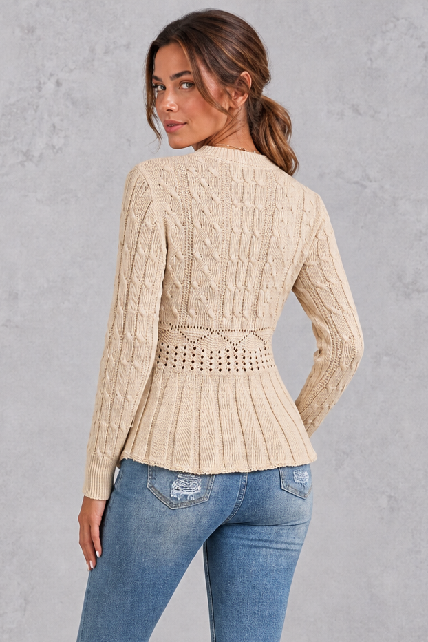 Women's beige cable knit peplum jumper – back view