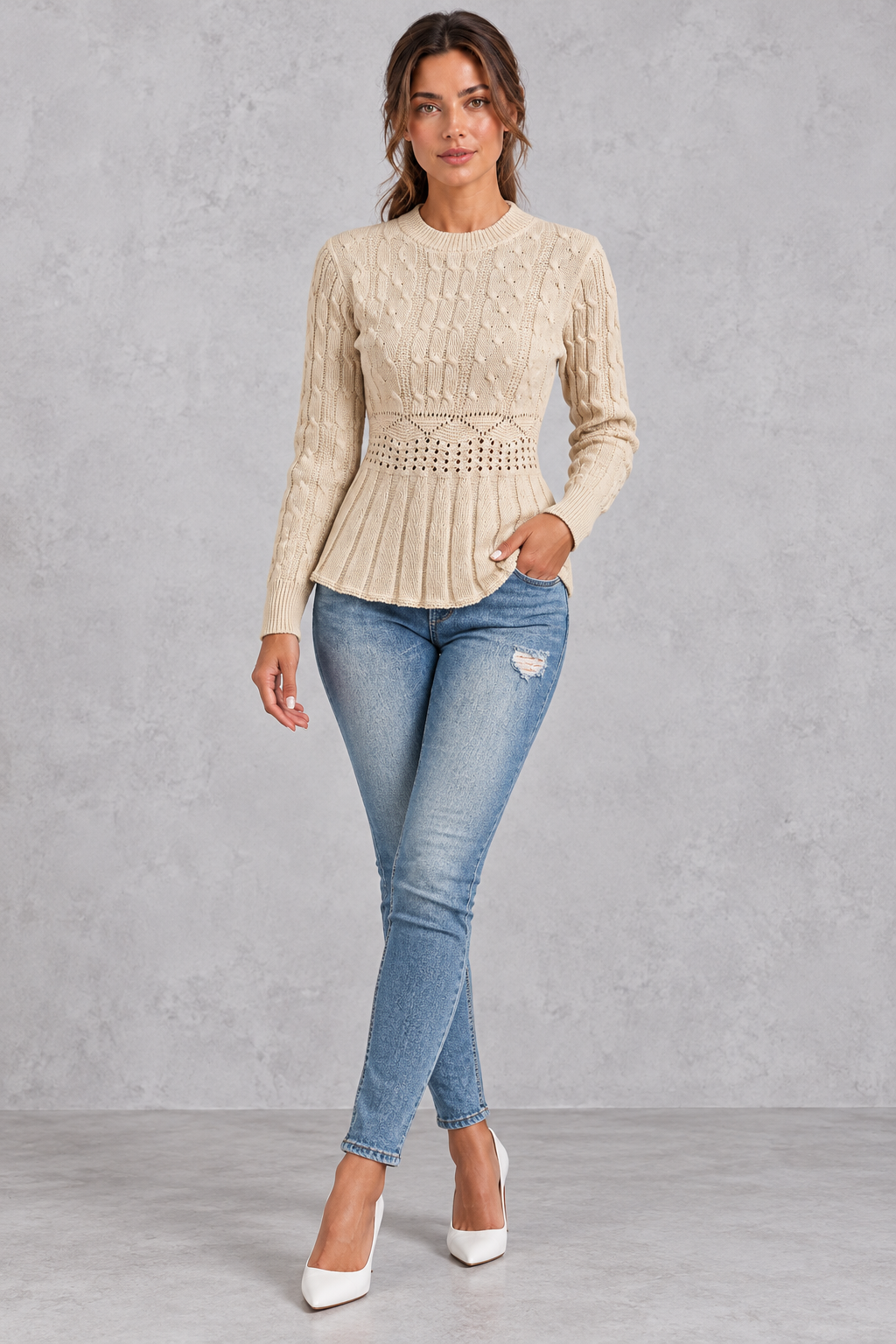 Women's beige cable knit peplum jumper – full-length view