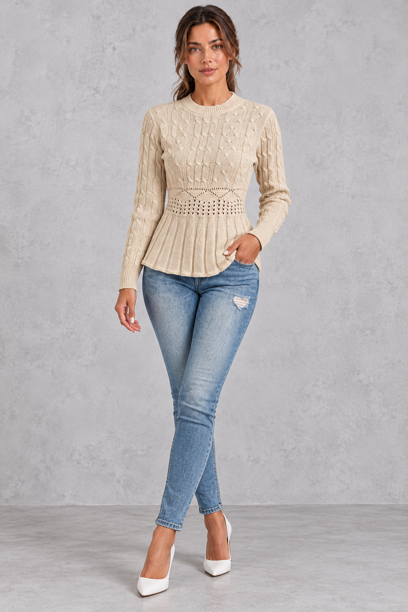 Women's beige cable knit peplum jumper – full-length view