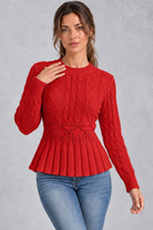 Women's red cable knit peplum jumper – front view