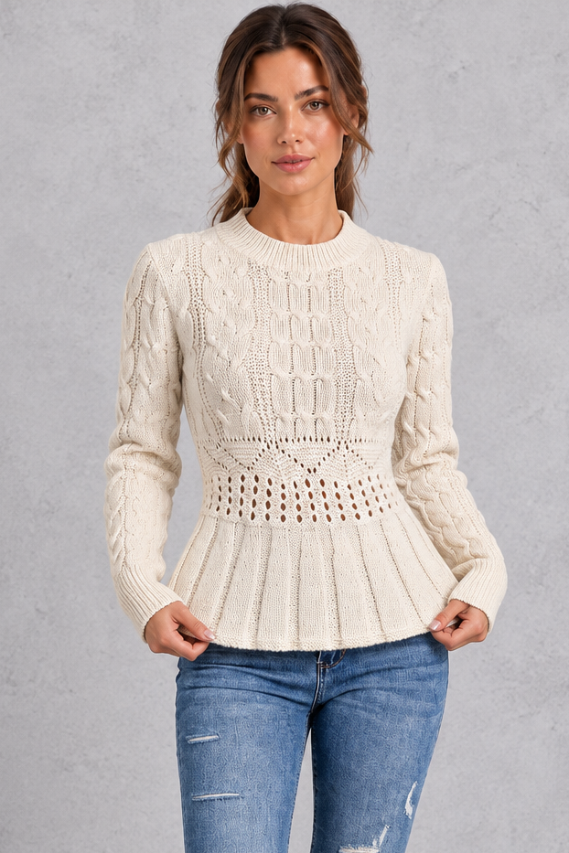 Women's cream cable knit peplum jumper – front view