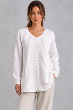 Women's white cable V-neck tunic jumper – front view