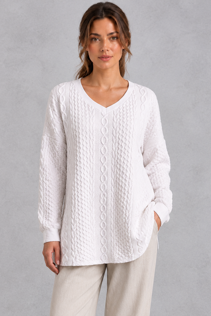 Women's white cable V-neck tunic jumper – front view