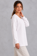 Women's white cable V-neck tunic jumper – side view