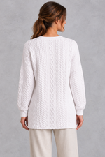 Women's white cable V-neck tunic jumper – back view