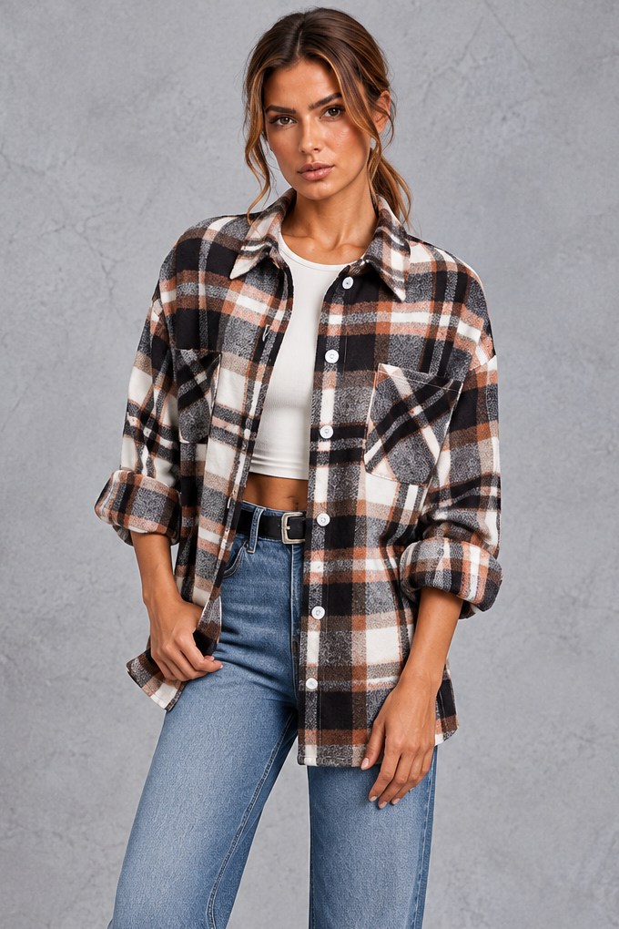 Women's check overshirt in Black & Rust Check – front view