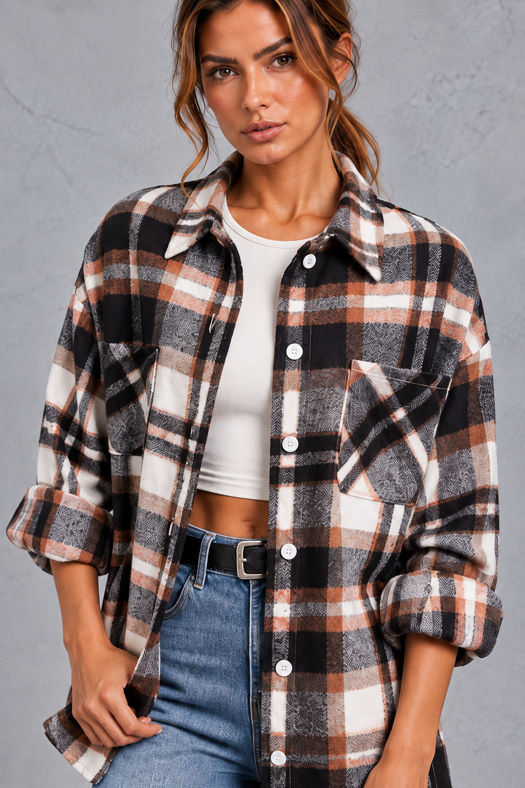 Women's check overshirt in Black & Rust Check – close-up view