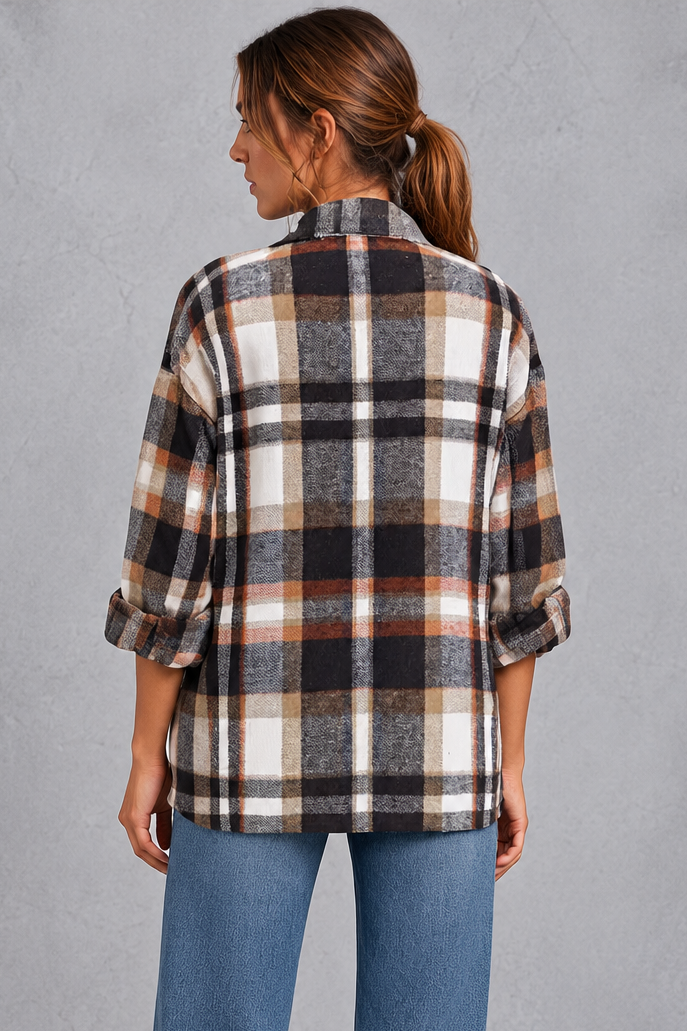 Women's check overshirt in Black & Rust Check – back view