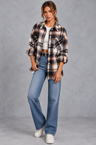 Women's check overshirt in Black & Rust Check – full-length view