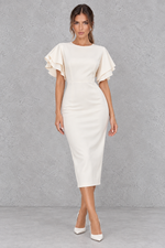 Women’s bodycon midi pencil dress with a round neckline, contrasting check-pattern sleeves, slim fit and elegant midi silhouette.