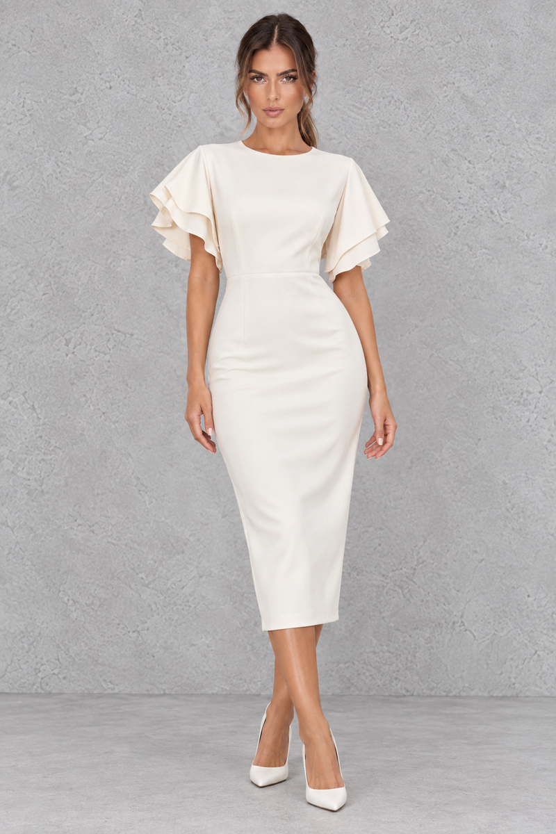 Women’s bodycon midi pencil dress with a round neckline, contrasting check-pattern sleeves, slim fit and elegant midi silhouette.