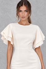 Women’s bodycon midi pencil dress with a round neckline, contrasting check-pattern sleeves, slim fit and elegant midi silhouette.