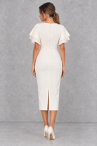 Women’s bodycon midi pencil dress with a round neckline, contrasting check-pattern sleeves, slim fit and elegant midi silhouette.