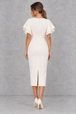 Women’s bodycon midi pencil dress with a round neckline, contrasting check-pattern sleeves, slim fit and elegant midi silhouette.