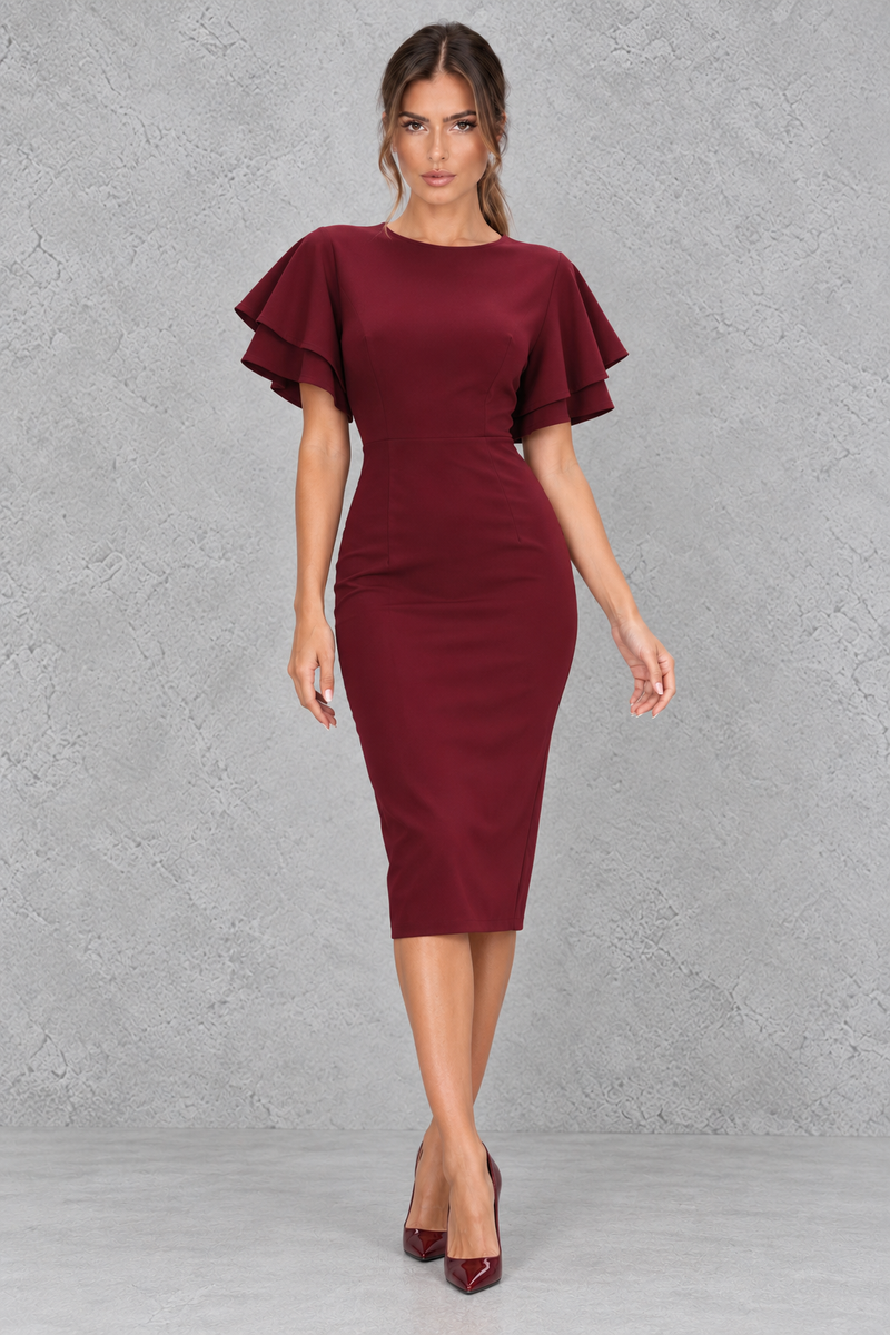 Women’s bodycon midi pencil dress with a round neckline, contrasting check-pattern sleeves, slim fit and elegant midi silhouette.