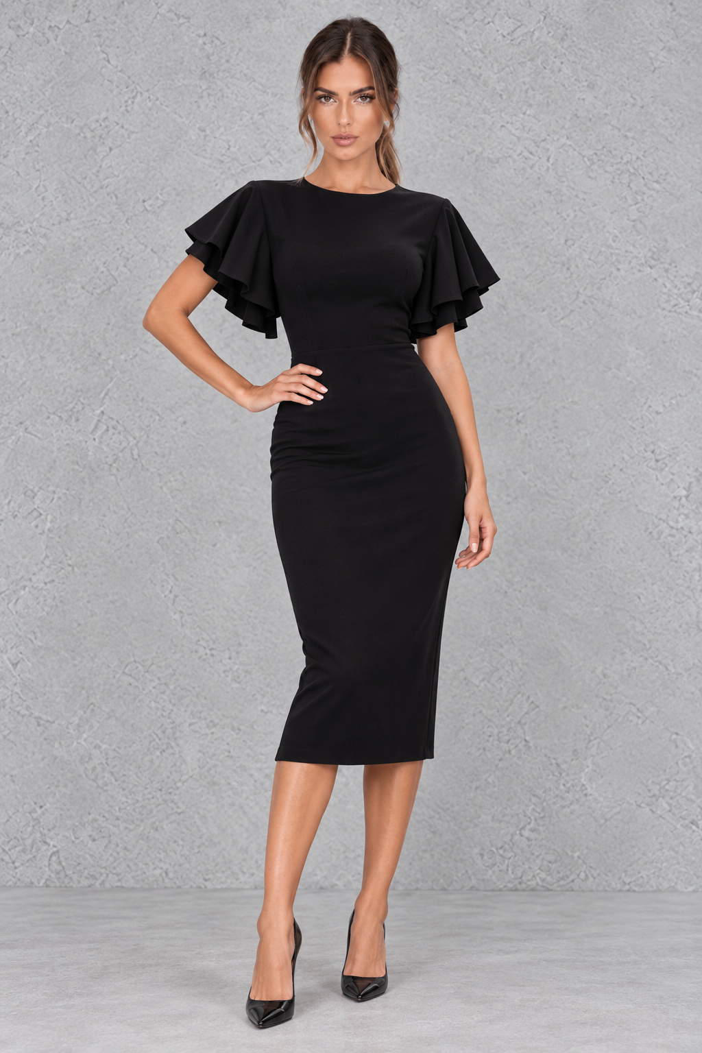 Women’s bodycon midi pencil dress with a round neckline, contrasting check-pattern sleeves, slim fit and elegant midi silhouette.