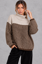 Women's chevron knit mock neck jumper in Brown – front view