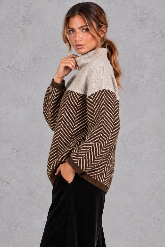 Women's chevron knit mock neck jumper in Brown – side view