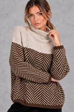 Women's chevron knit mock neck jumper in Brown – front close-up
