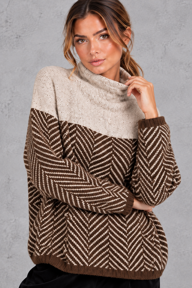 Women's chevron knit mock neck jumper in Brown – front close-up