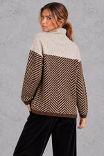 Women's chevron knit mock neck jumper in Brown – back view