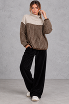 Women's chevron knit mock neck jumper in Brown – full-length view