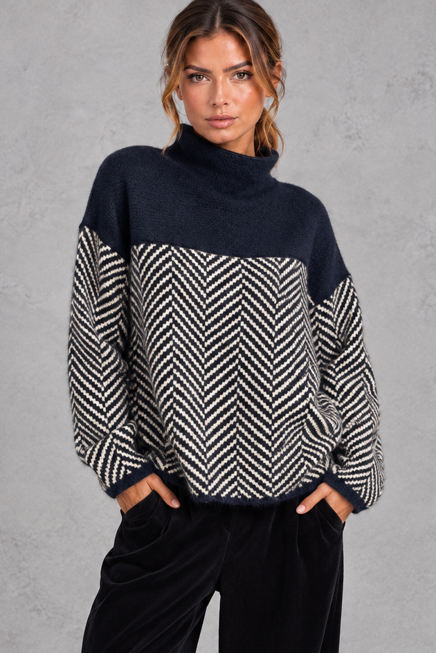 Women's chevron knit mock neck jumper in Navy – front view