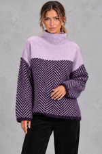 Women's chevron knit mock neck jumper in Purple – front view
