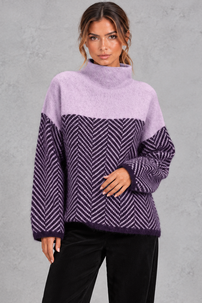 Women's chevron knit mock neck jumper in Purple – front view