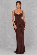 Women’s chiffon corset sweetheart maxi dress with pleated underwired cups, cross-back straps, sculpted hip draping and slim column skirt.