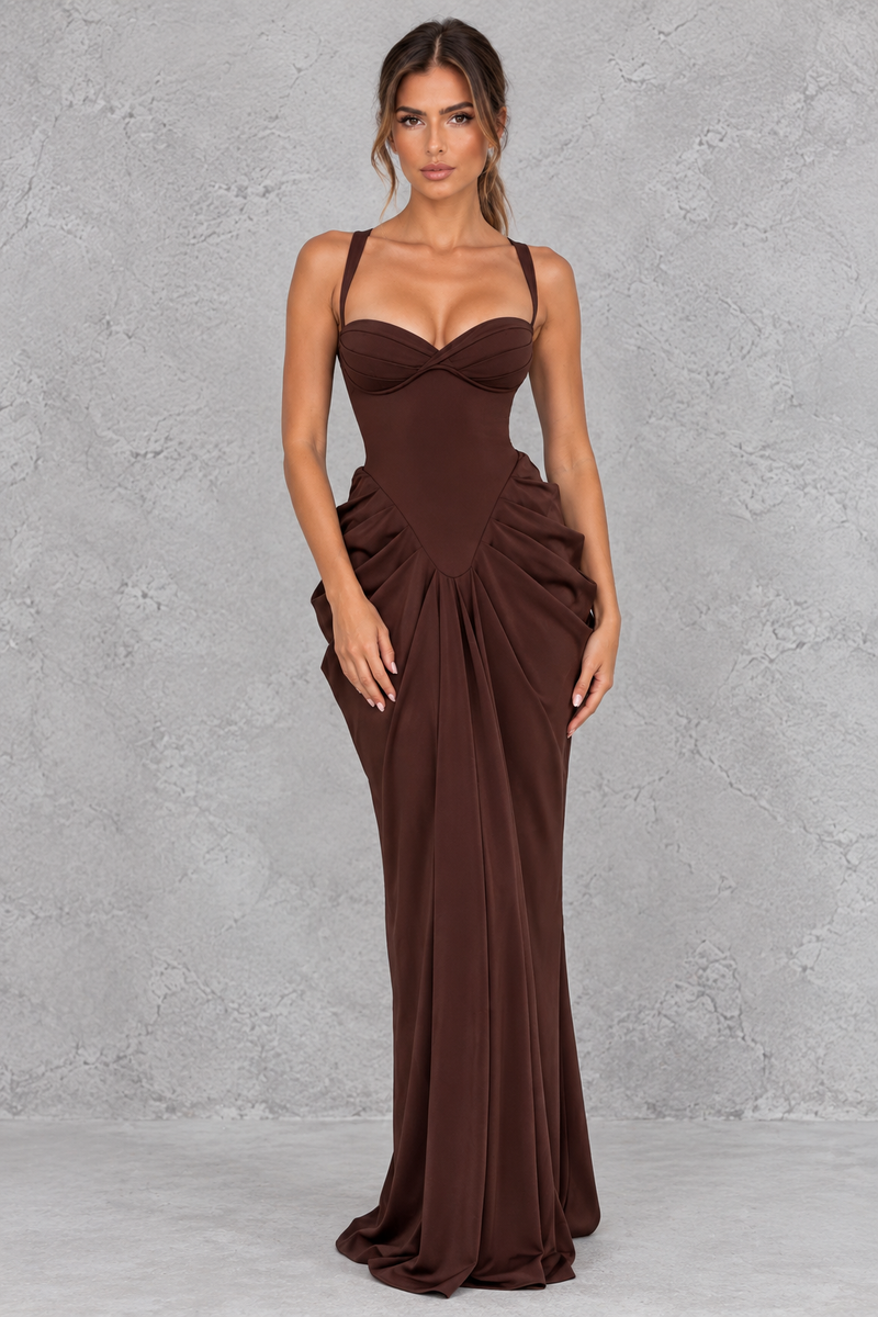 Women’s chiffon corset sweetheart maxi dress with pleated underwired cups, cross-back straps, sculpted hip draping and slim column skirt.