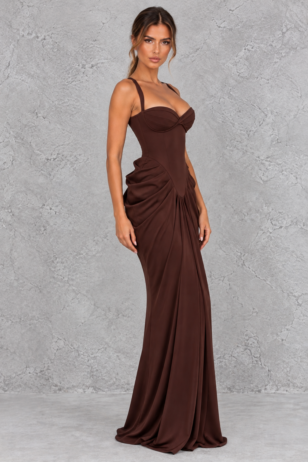 Women’s chiffon corset sweetheart maxi dress with pleated underwired cups, cross-back straps, sculpted hip draping and slim column skirt.