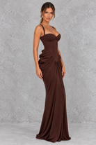 Women’s chiffon corset sweetheart maxi dress with pleated underwired cups, cross-back straps, sculpted hip draping and slim column skirt.